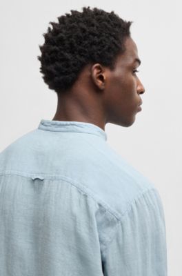 Slim-fit shirt in linen canvas, Light Blue