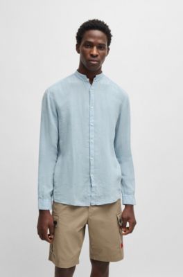Slim-fit shirt in linen canvas, Light Blue