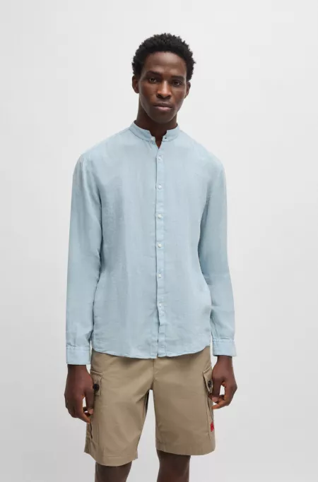 Slim-fit linen shirt with stand collar