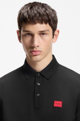 Cotton-piqu&eacute; slim-fit polo shirt with logo label, Black
