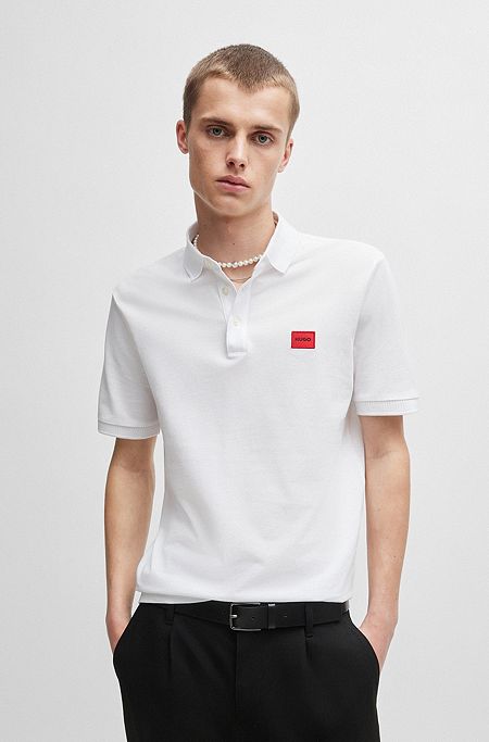 Cotton-piqué slim-fit polo shirt with red logo label, White