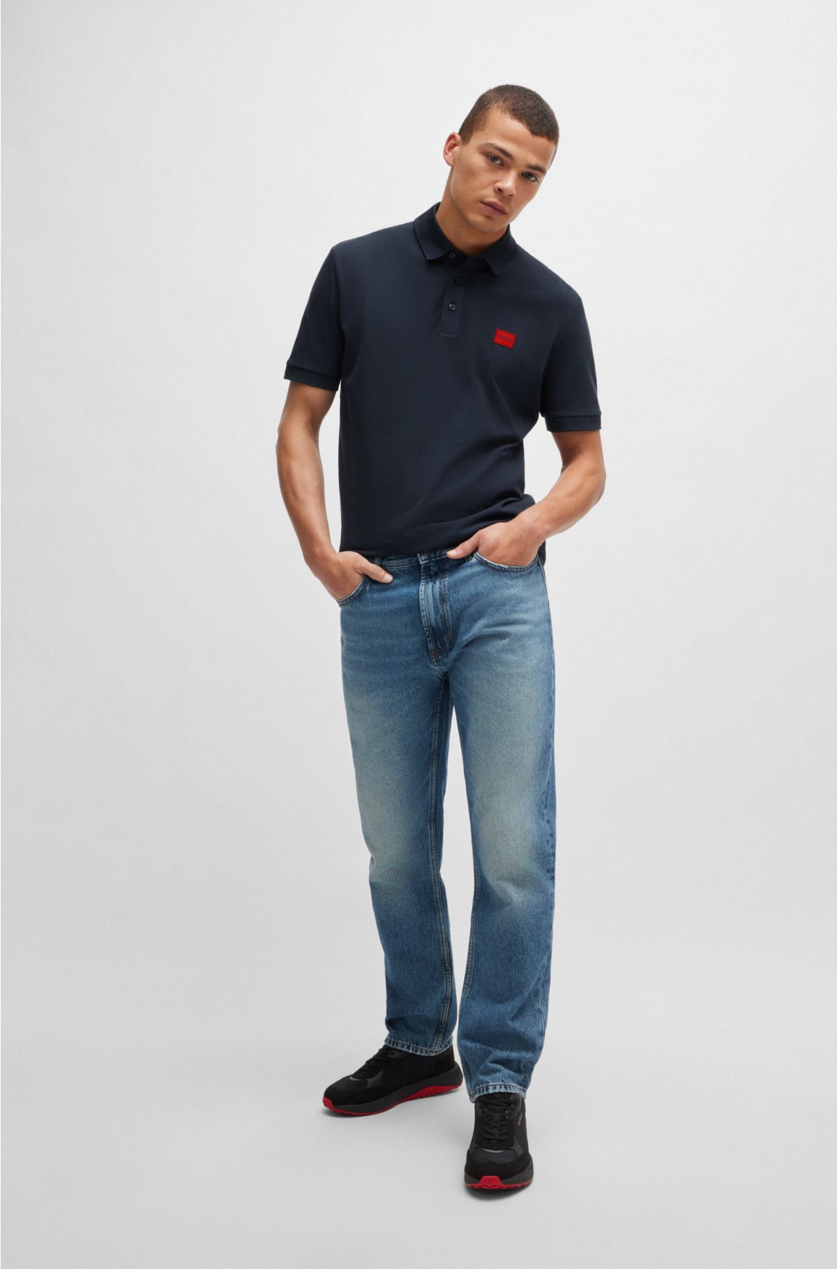 Cotton-piqué slim-fit polo shirt with logo label, Dark Blue