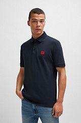 Cotton-piqué slim-fit polo shirt with logo label, Dark Blue