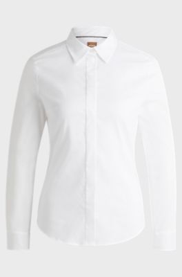 Slim-fit blouse in cotton-blend poplin, White