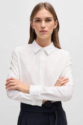 Slim-fit blouse in cotton-blend poplin, White