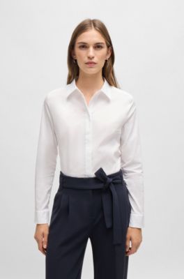Slim-fit blouse in cotton-blend poplin, White