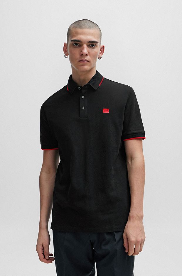 Cotton-piqué slim-fit polo shirt with logo label, Black