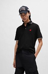 Cotton-piqué slim-fit polo shirt with red logo label, Black