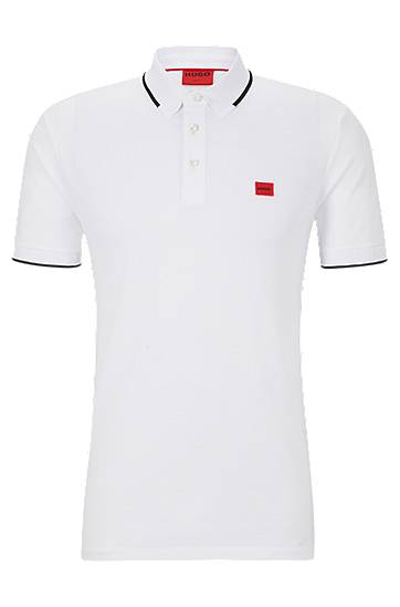 Hugo Cotton-piqué Slim-fit Polo Shirt With Red Logo Label In White