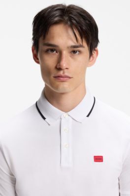 Slim-fit polo shirt with red logo label, White
