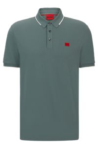 Cotton-piqué slim-fit polo shirt with red logo label, Turquoise