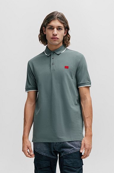 Cotton-piqué slim-fit polo shirt with logo label, Turquoise