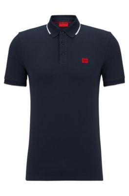 Hugo Cotton-piqu Slim-fit Polo Shirt With Logo Label In Dark Blue