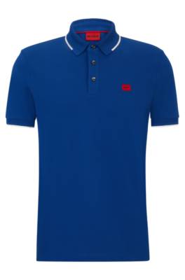 Hugo Cotton-piqué Slim-fit Polo Shirt With Red Logo Label In Blue