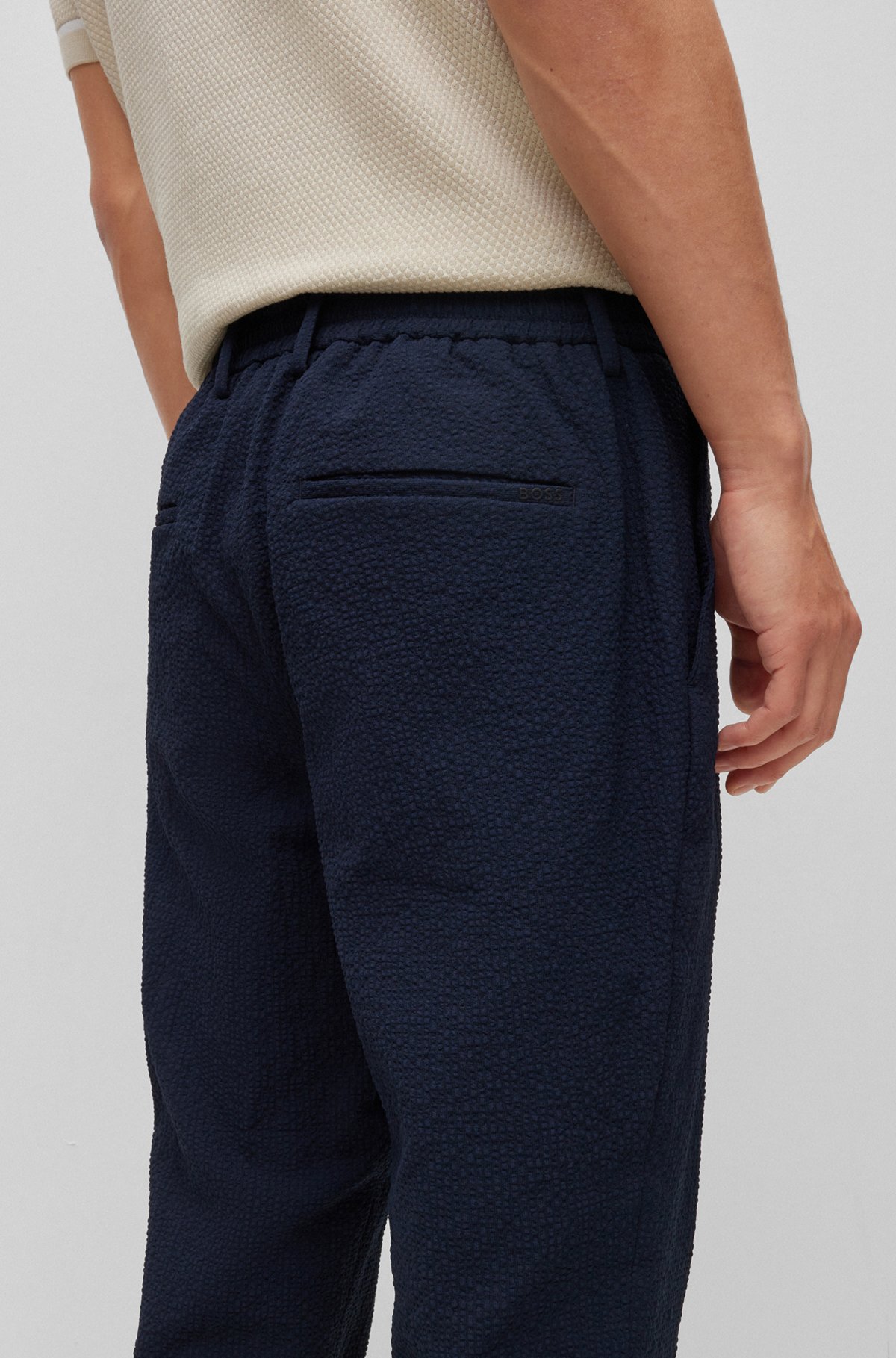 Slim-fit broek van seersucker met hoogwaardige stretch, Donkerblauw