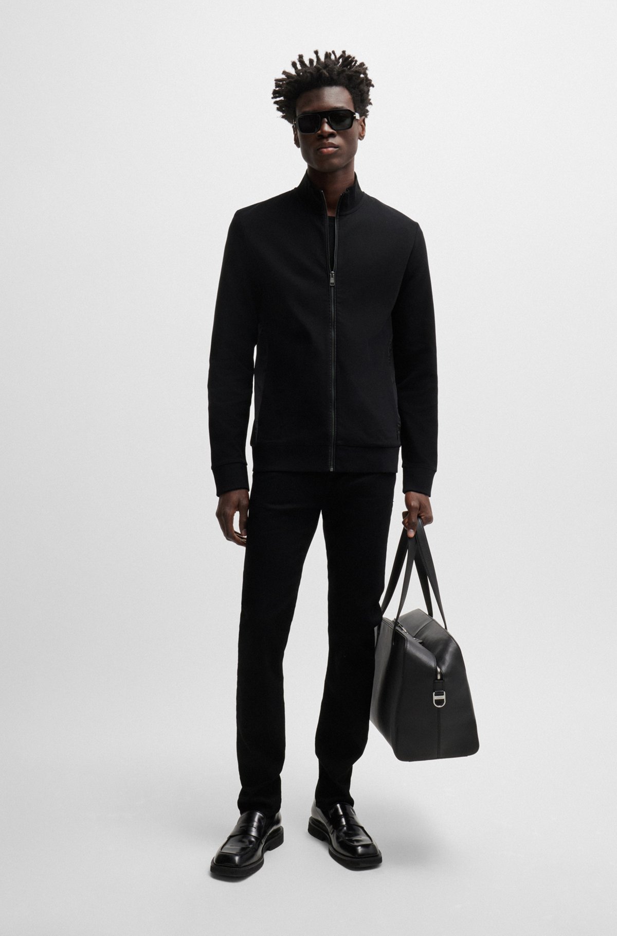Ottoman-structured zip-up sweatshirt with tonal side panels, Black