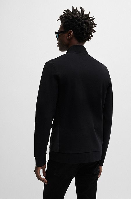 Ottoman-structured zip-up sweatshirt with tonal side panels, Black