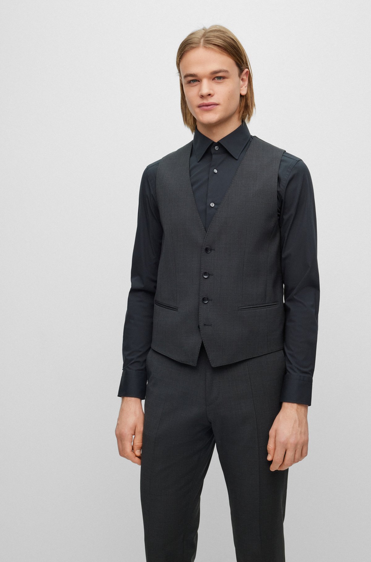 Slim-fit three-piece suit in stretch virgin wool, Black