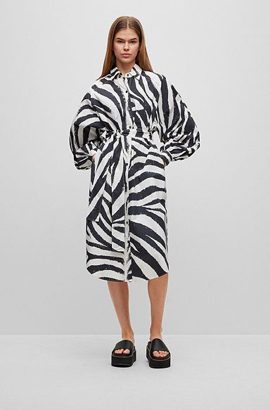 Cotton-poplin shirt dress with zebra print, Patterned