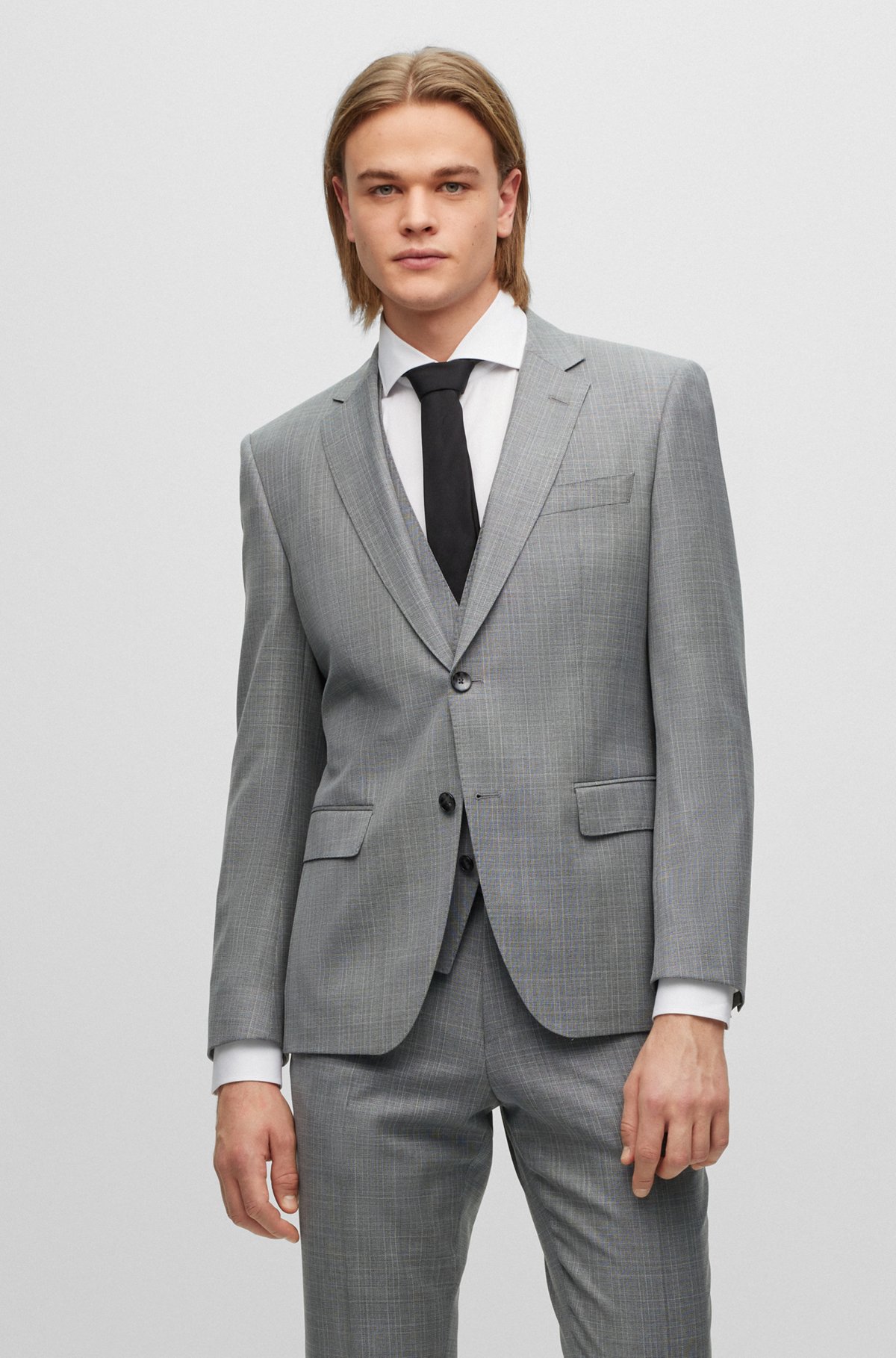 Slim-fit suit in checked virgin-wool serge, Dark Grey