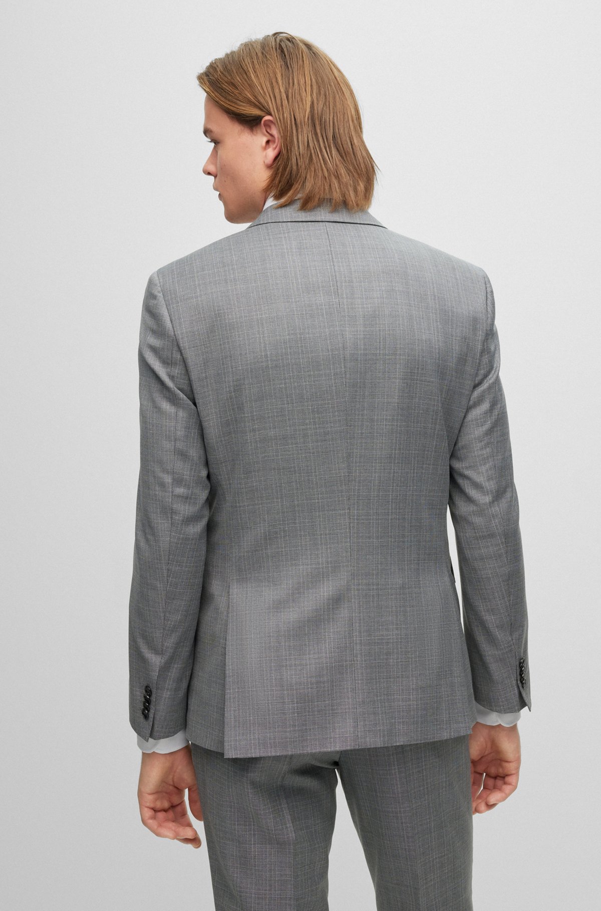 Slim-fit suit in checked virgin-wool serge, Dark Grey