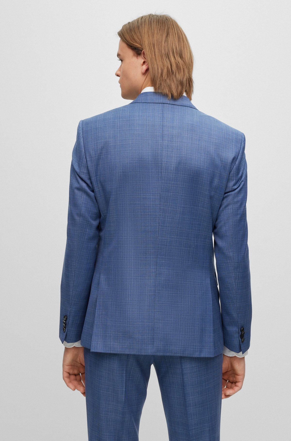 Slim-fit suit in checked virgin-wool serge, Blue