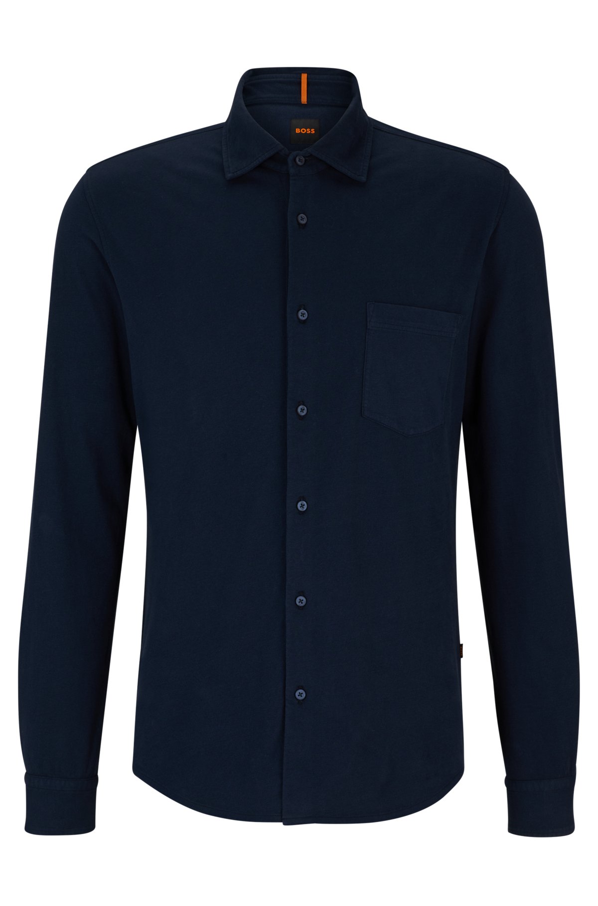 Garment-dyed slim-fit shirt in cotton jersey, Dark Blue