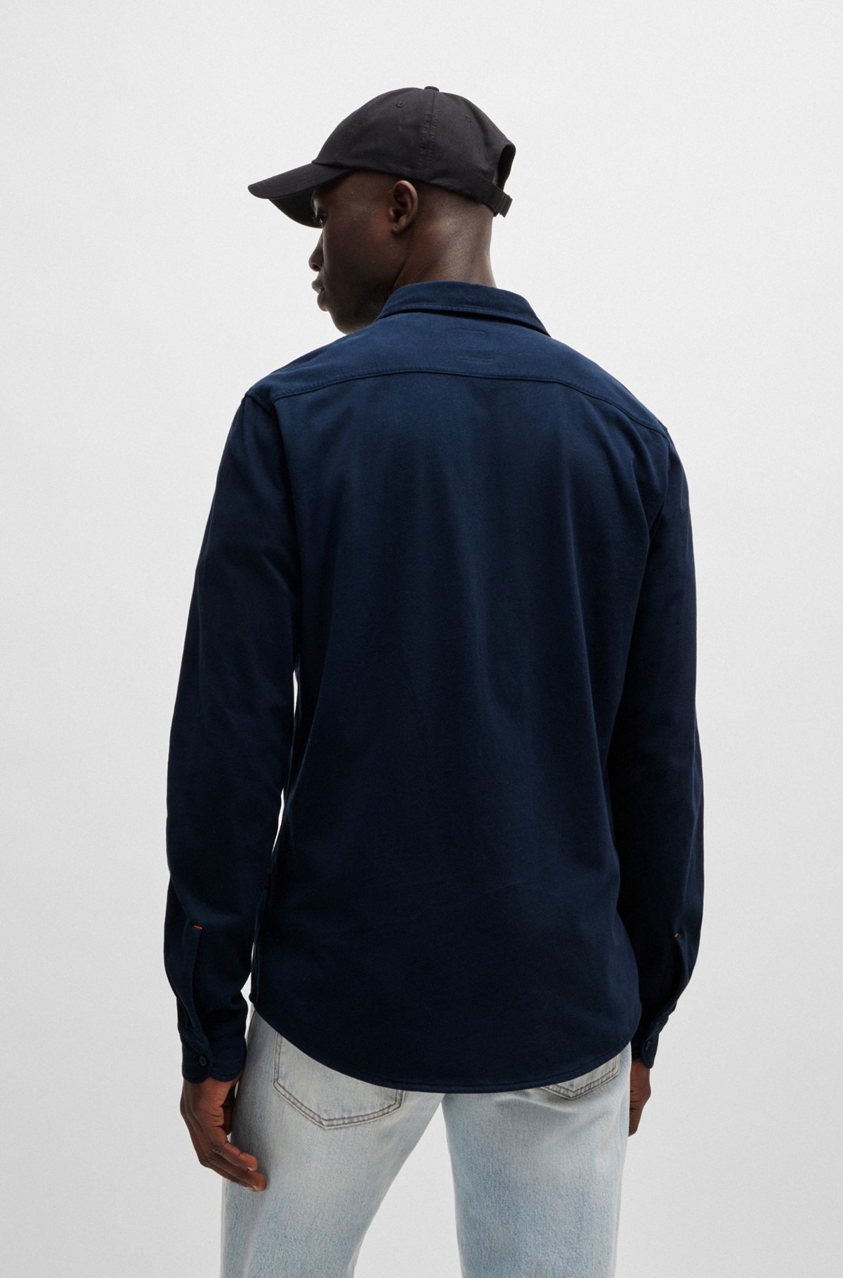 Garment-dyed slim-fit shirt in cotton jersey, Dark Blue