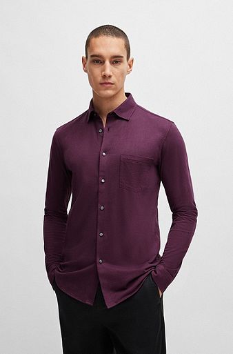 Slim-fit overhemd van garment-dyed katoenen jersey, Lila
