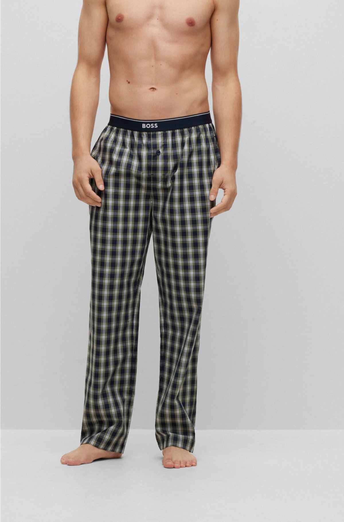 BOSS - Cotton-poplin pyjama bottoms with check and logo waistband