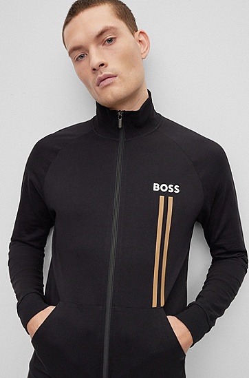 BOSS 博斯徽标条纹印花棉质毛圈布拉链夹克外套,  001_Black