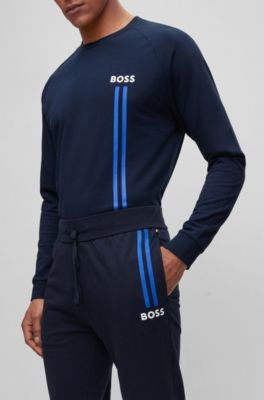 BOSS 로고 및 스트라이프 프린트 코튼 테리 트랙수트 팬츠
