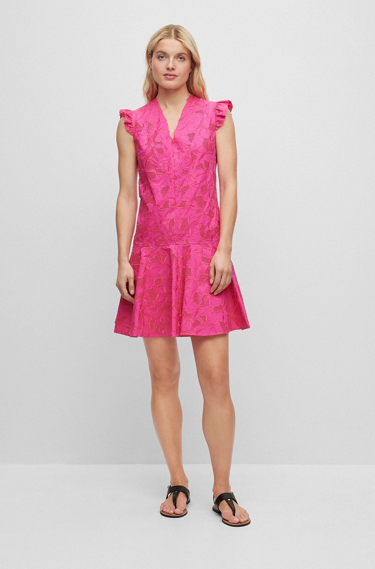 Cotton-lace dress with scalloped edging, Pink