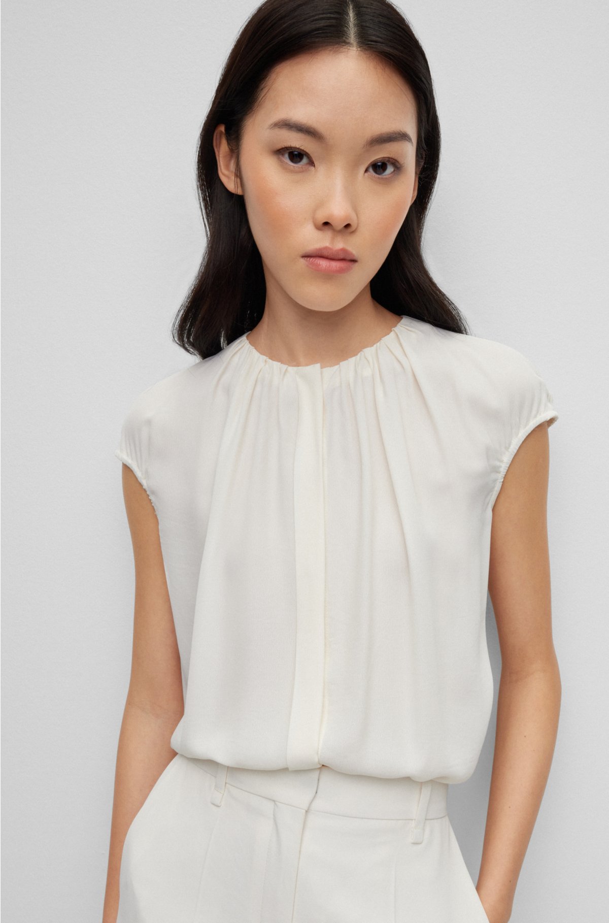 Regular-fit cap-sleeved blouse with gathered details, White