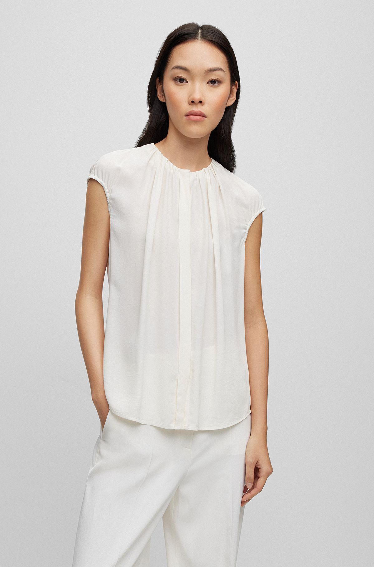 Regular-fit cap-sleeved blouse with gathered details, White