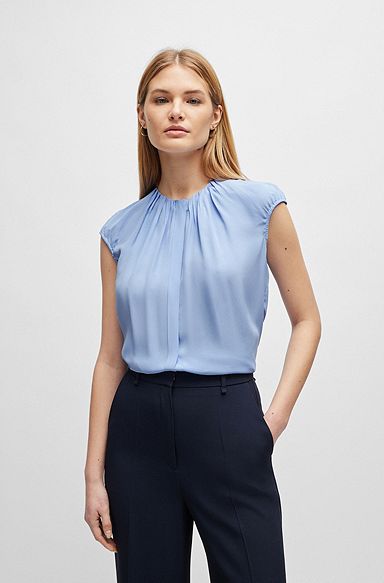Regular-fit cap-sleeved blouse with gathered details, Light Blue