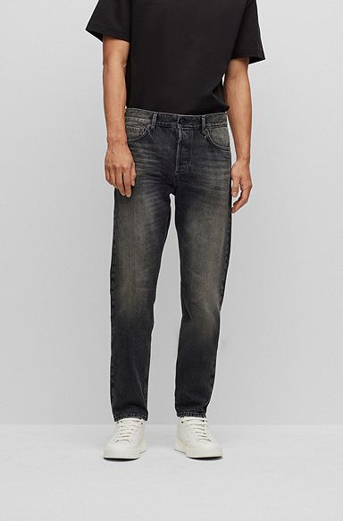 Tapered-fit jeans in black Japanese selvedge denim, Dark Grey