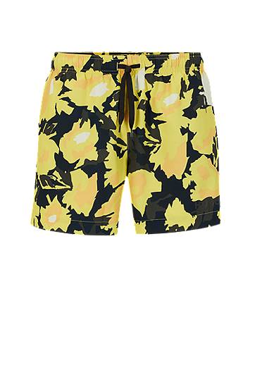 Hugo Quick-dry Printed Swim Shorts In Recycled Fabric In Yellow