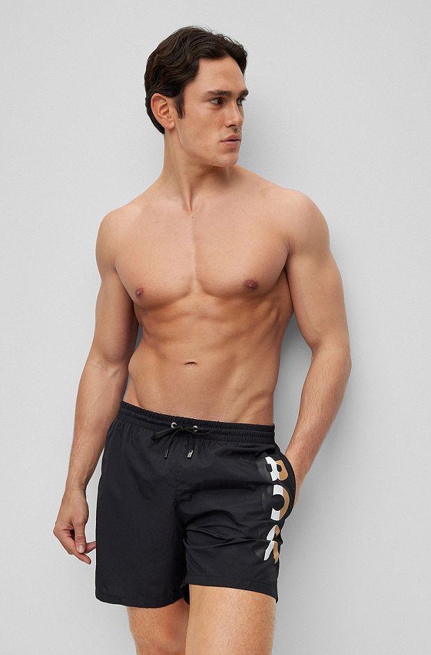 Recycled-material swim shorts with signature-stripe logo, Black
