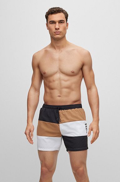 Colour-blocked swim shorts in quick-drying recycled material, Black