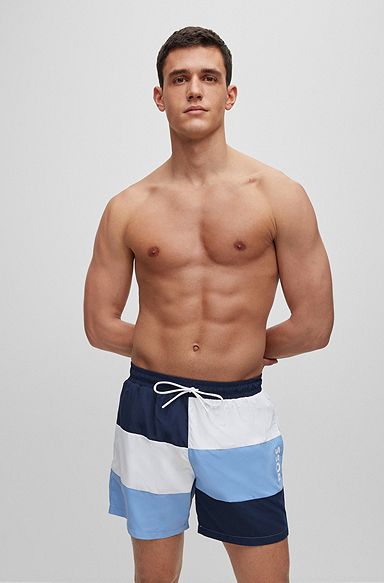 Colour-blocked swim shorts in quick-drying recycled material, Dark Blue