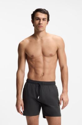 Boxer da mare con righe tipiche del marchio e logo, Grigio scuro