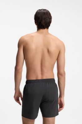 Boxer da mare con righe tipiche del marchio e logo, Grigio scuro