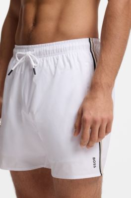 Badeshorts mit Signature-Streifen und Logo, Wei&szlig;