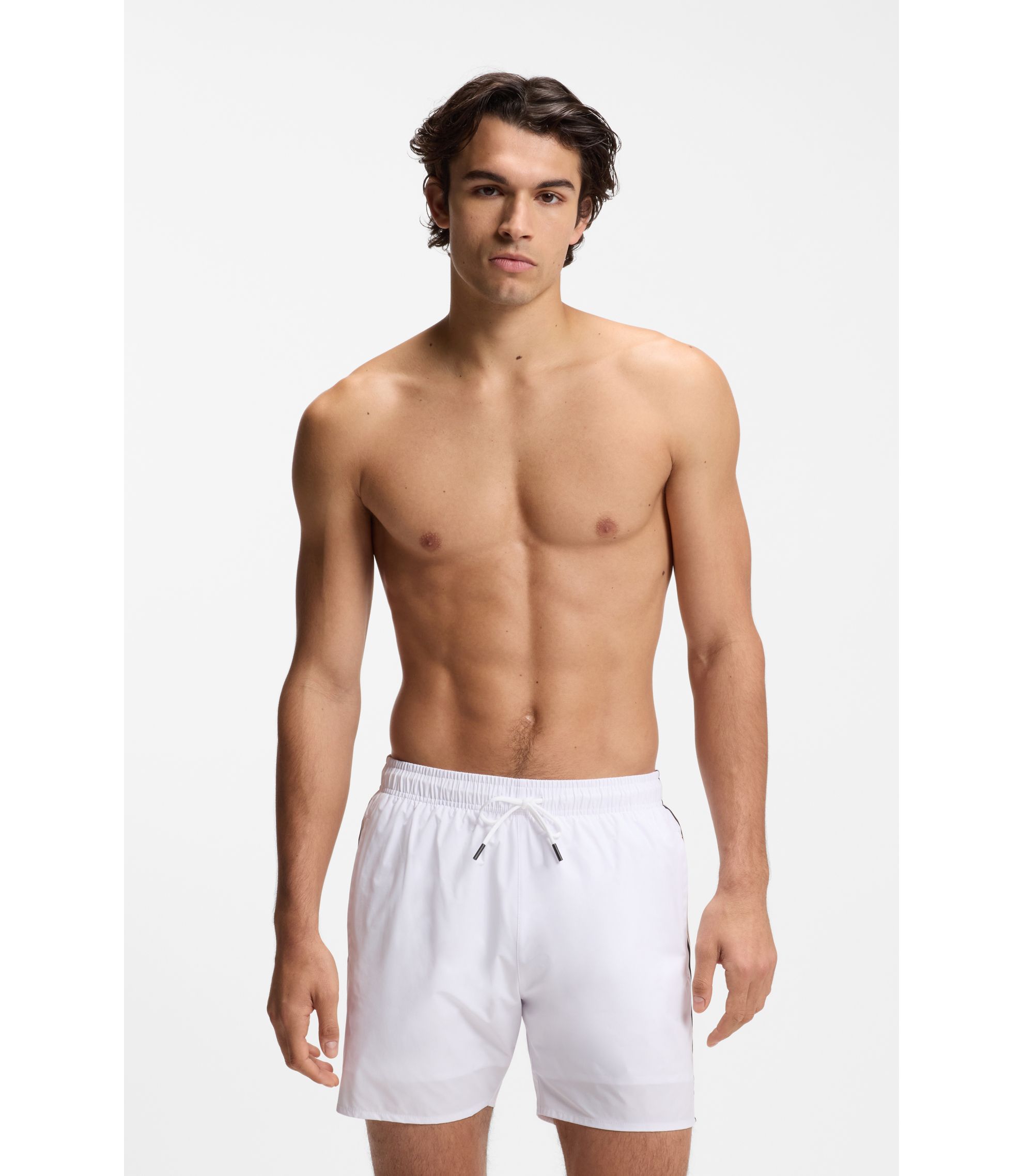 BOSS - Swim shorts with signature stripe and logo - White