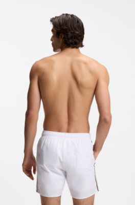 Badeshorts mit Signature-Streifen und Logo, Wei&szlig;