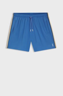 Boxer da mare con righe tipiche del marchio e logo, Blu