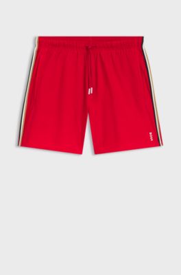 Short de bain avec rayures embl&eacute;matiques et logo, Rouge