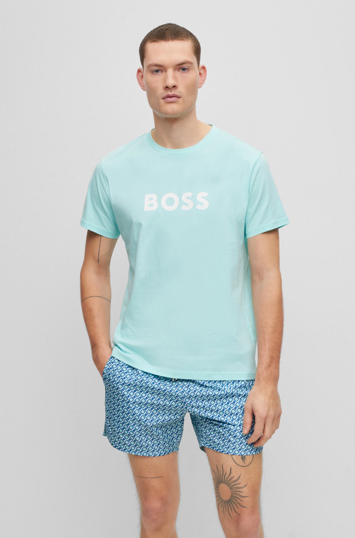 Cotton T-shirt with contrast logo, Light Blue
