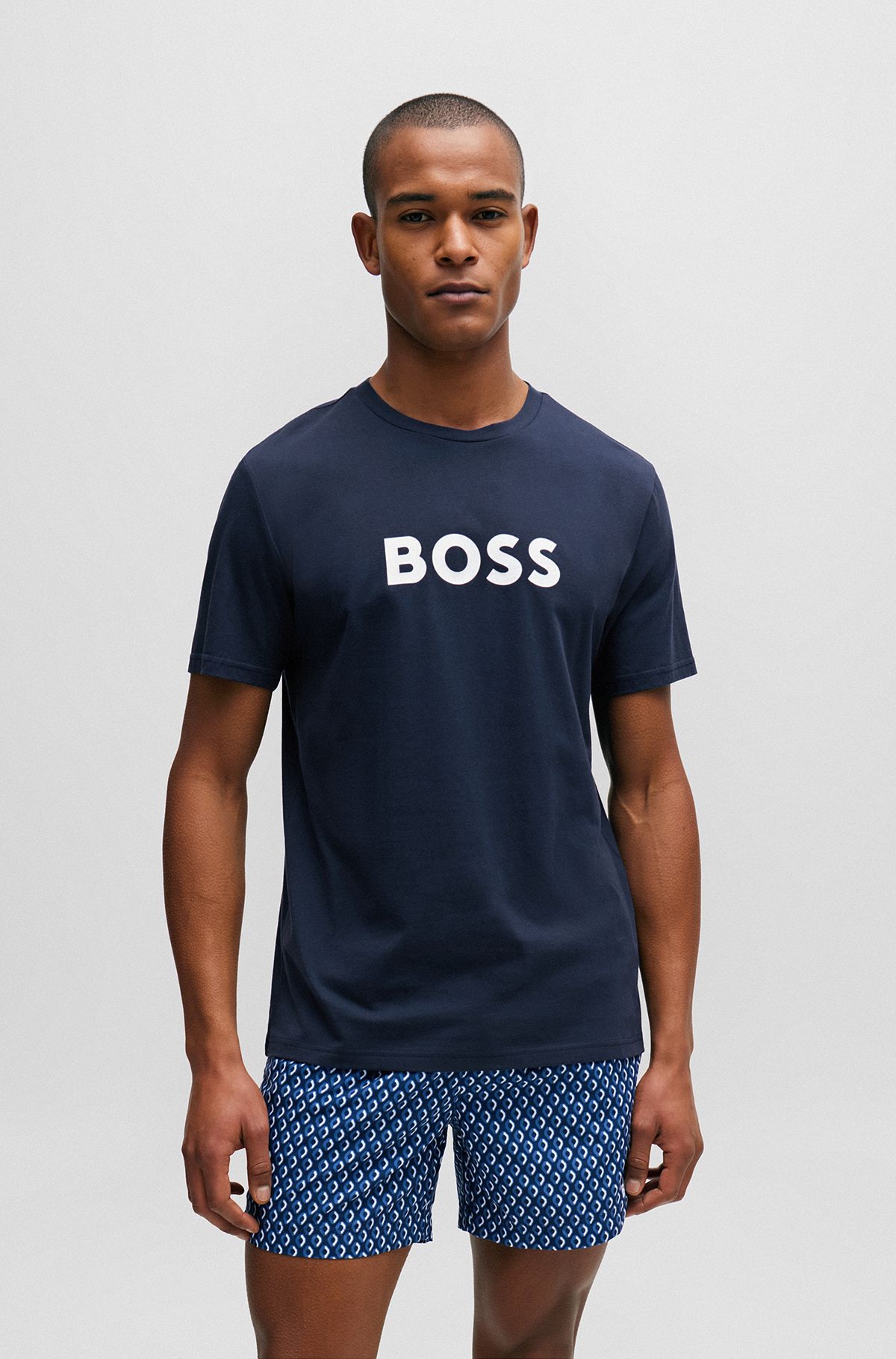 T-shirt van katoen met contrastlogo, Donkerblauw